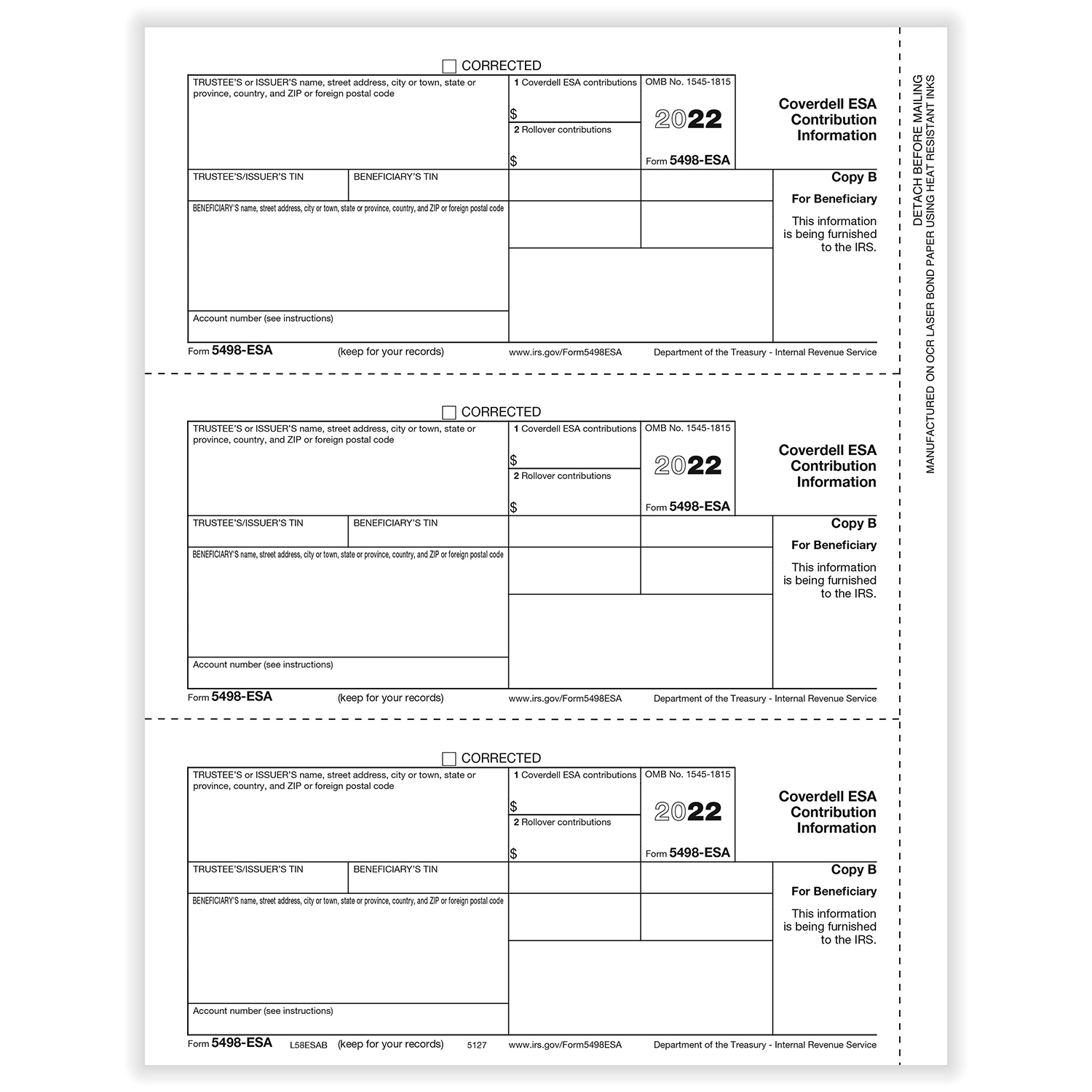 5498 ESA Coverdell ESA Contributions Beneficiary Copy B Cut Sheet 100   5127 