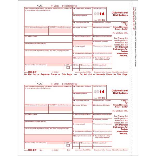 1099-DIV Dividend Fed Copy A Cut Sheet (400 Forms/Pack)