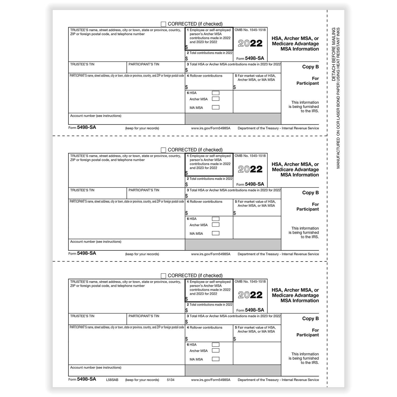 5498-SA HSA, Archer MSA or Medicare Advantage Participant Copy B Cut ...