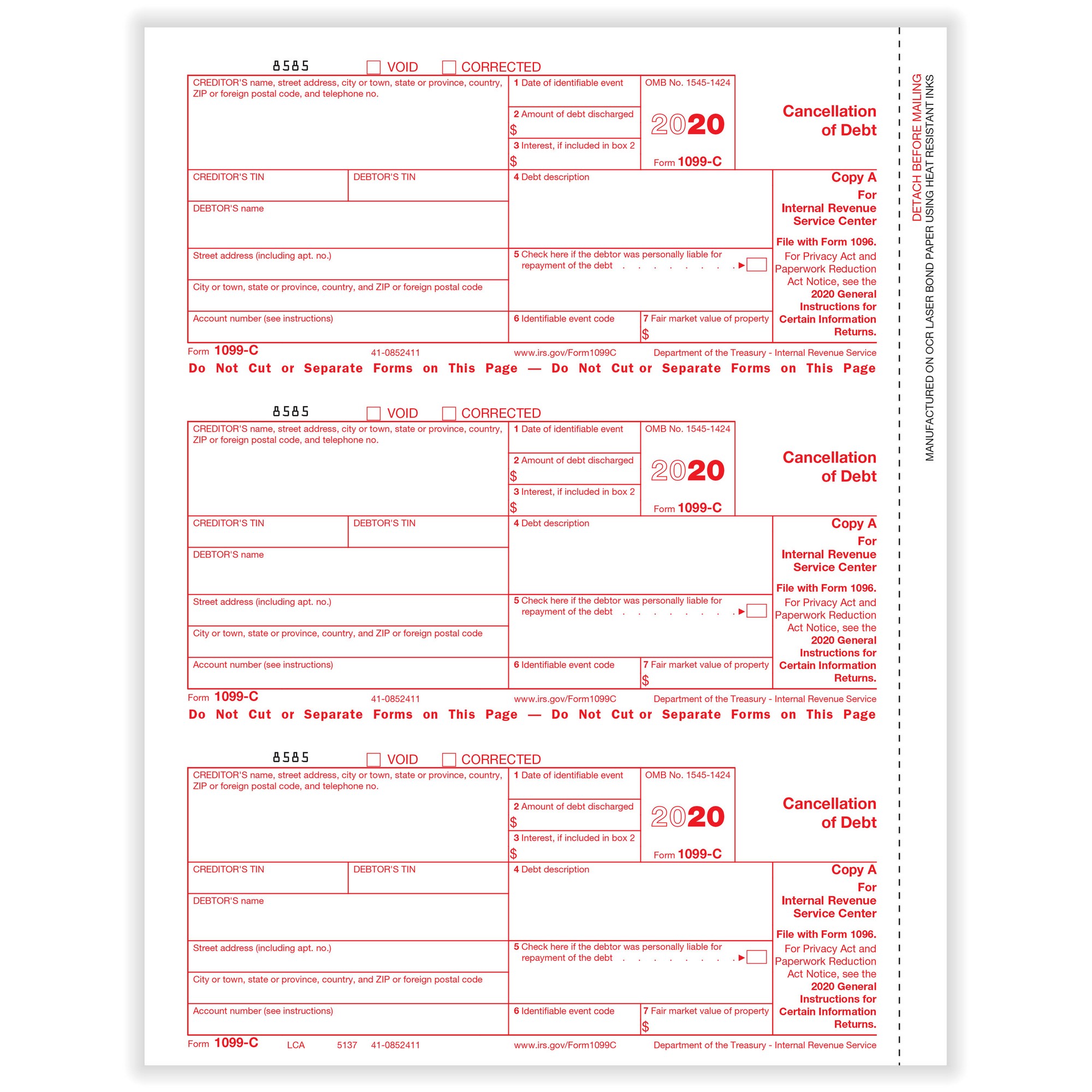 1099 C Cancellation Of Debt Fed Copy A Cut Sheet 500 Forms Pack