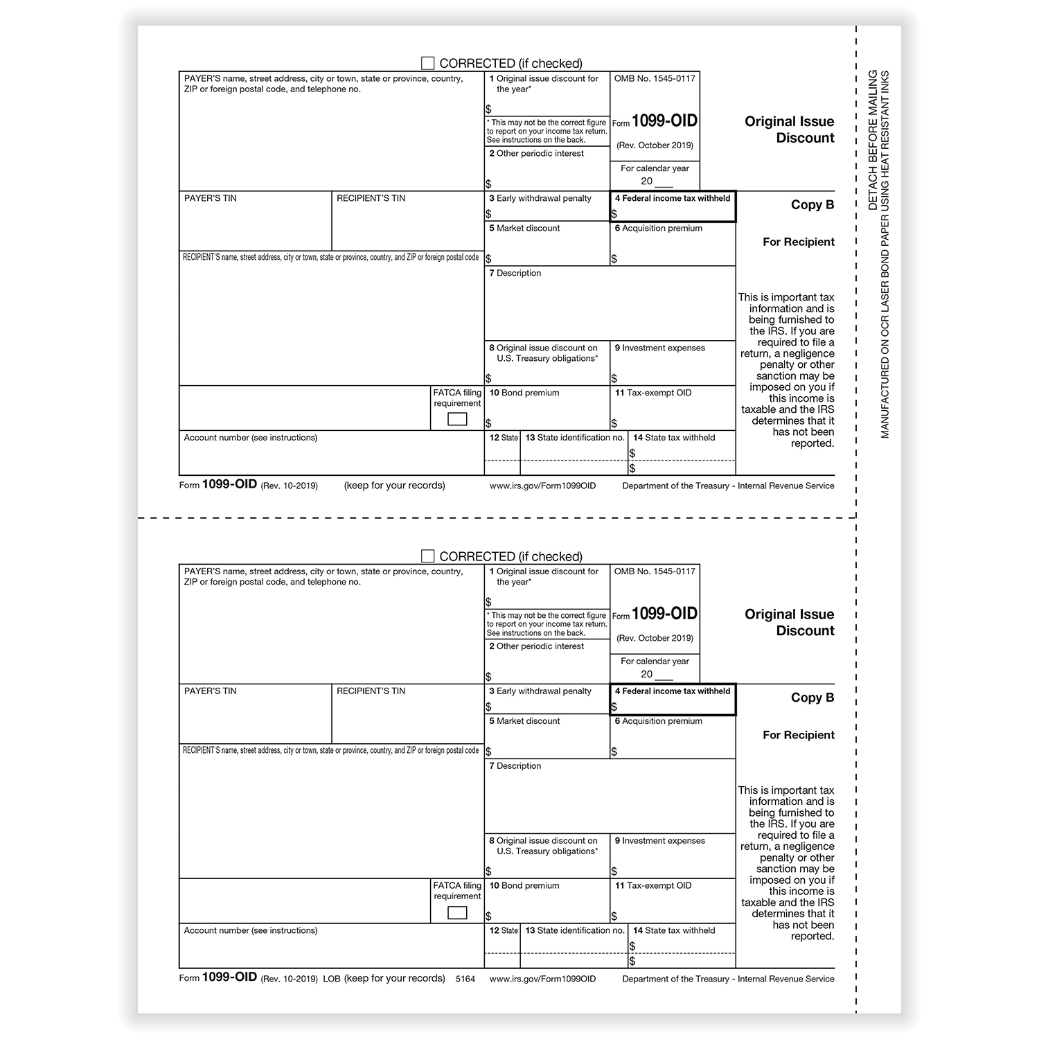 1099-OID Original Issue Discount Rec Copy B Cut Sheet (100 Sheets/Pack)