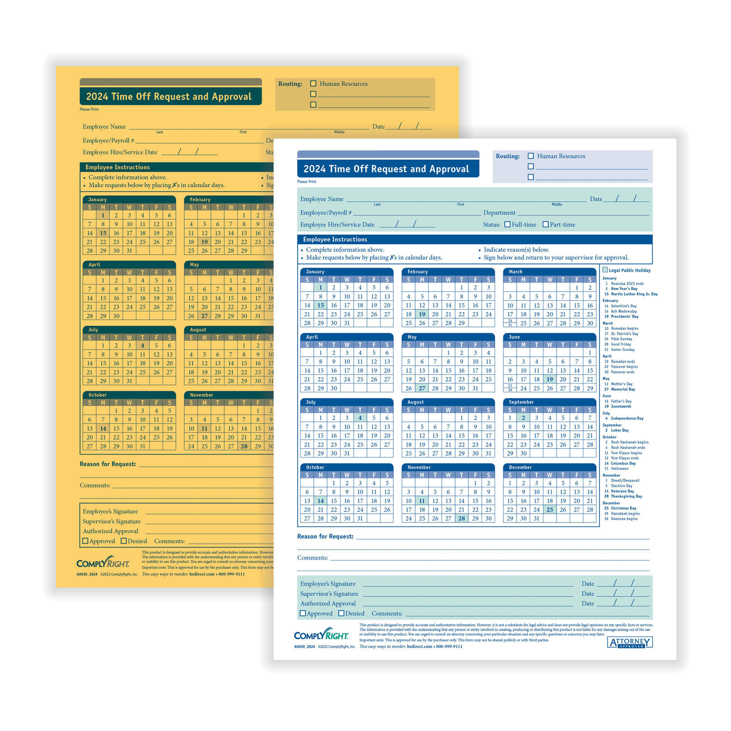 ComplyRight 2025 Time Off Request and Approval Form, 2Part (Pack of 50)