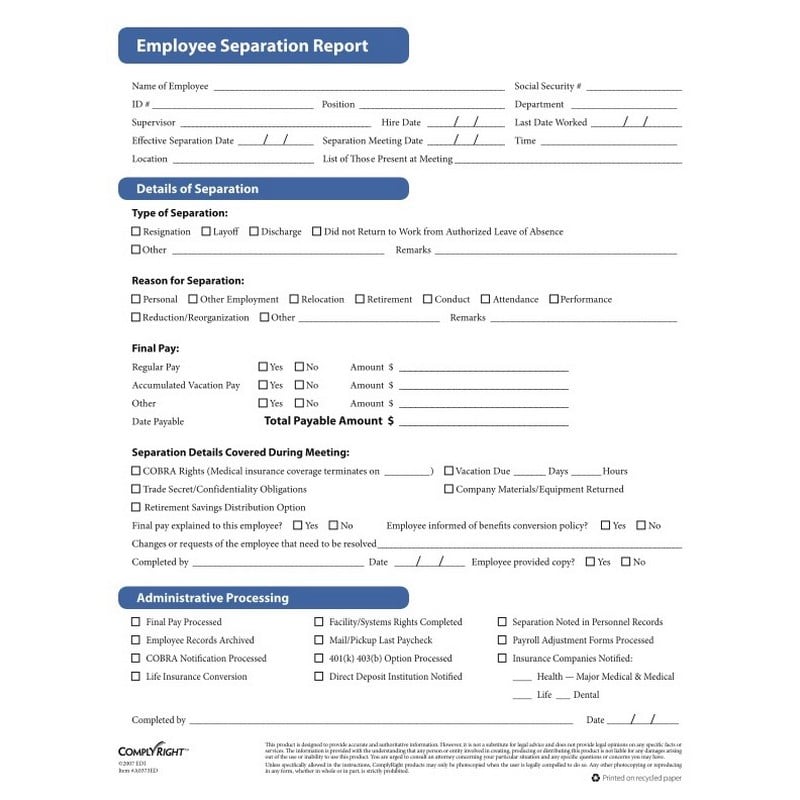 ComplyRight Employee Separation Report, 8-1/2