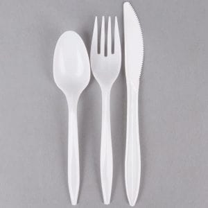 white plastic spoon, fork, and knife